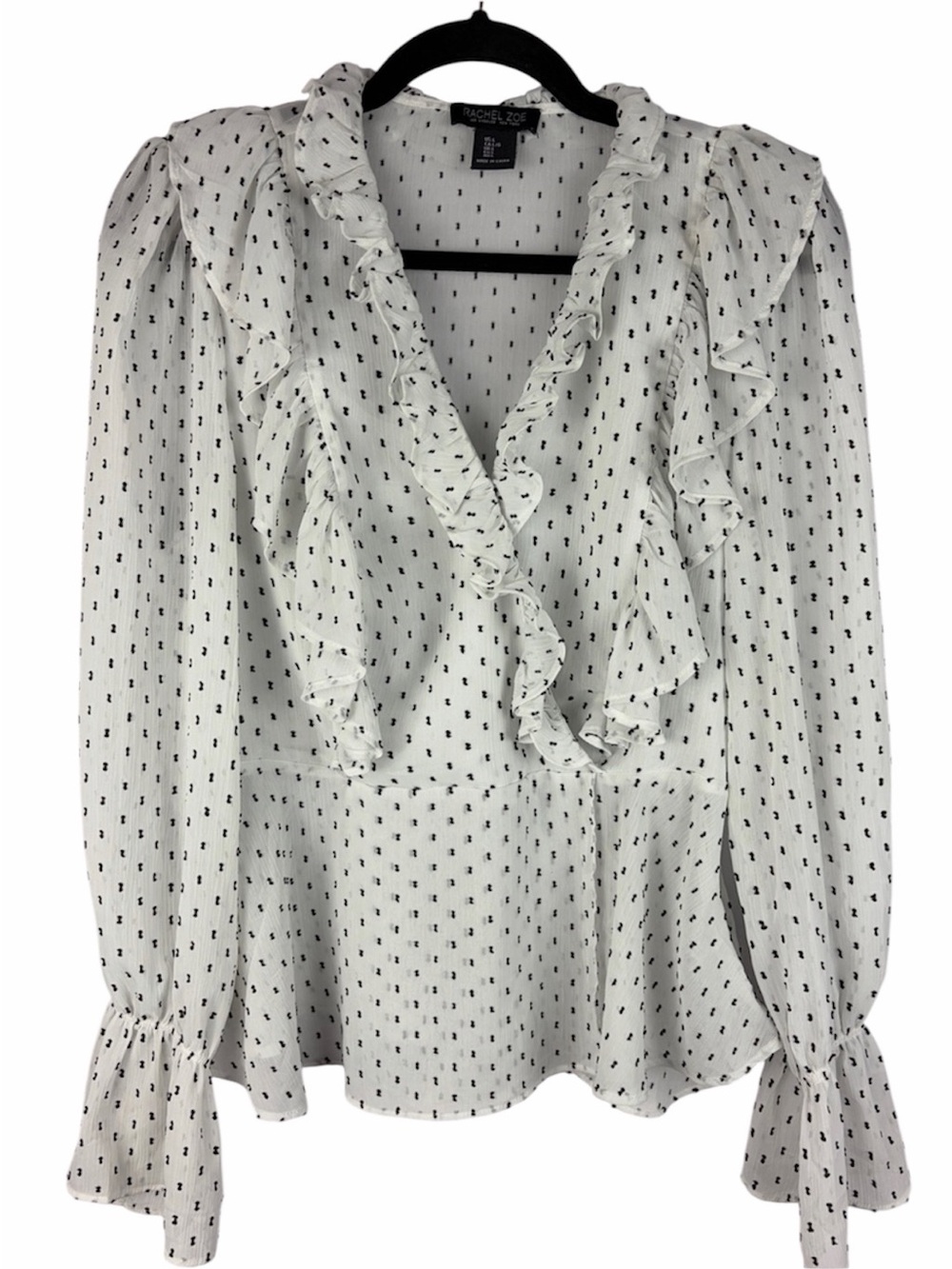 Rachel Zoe White Black Clip Dot Ruffle Peplum Sheer Blouse Large
